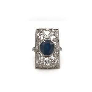 ART DECO 3 CARAT SAPPHIRE AND DIAMOND PLATINUM FILIGREE RING