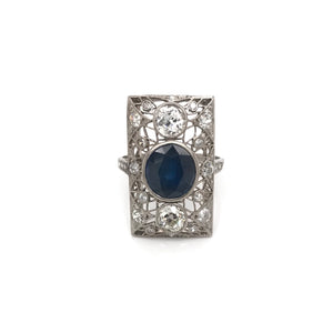 ART DECO 3 CARAT SAPPHIRE AND DIAMOND PLATINUM FILIGREE RING