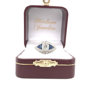 ART DECO STYLE DIAMOND AND SAPPHIRE RING FEATURING ANTIQUE 1.50 CARAT OLD MINE CUT DIAMOND