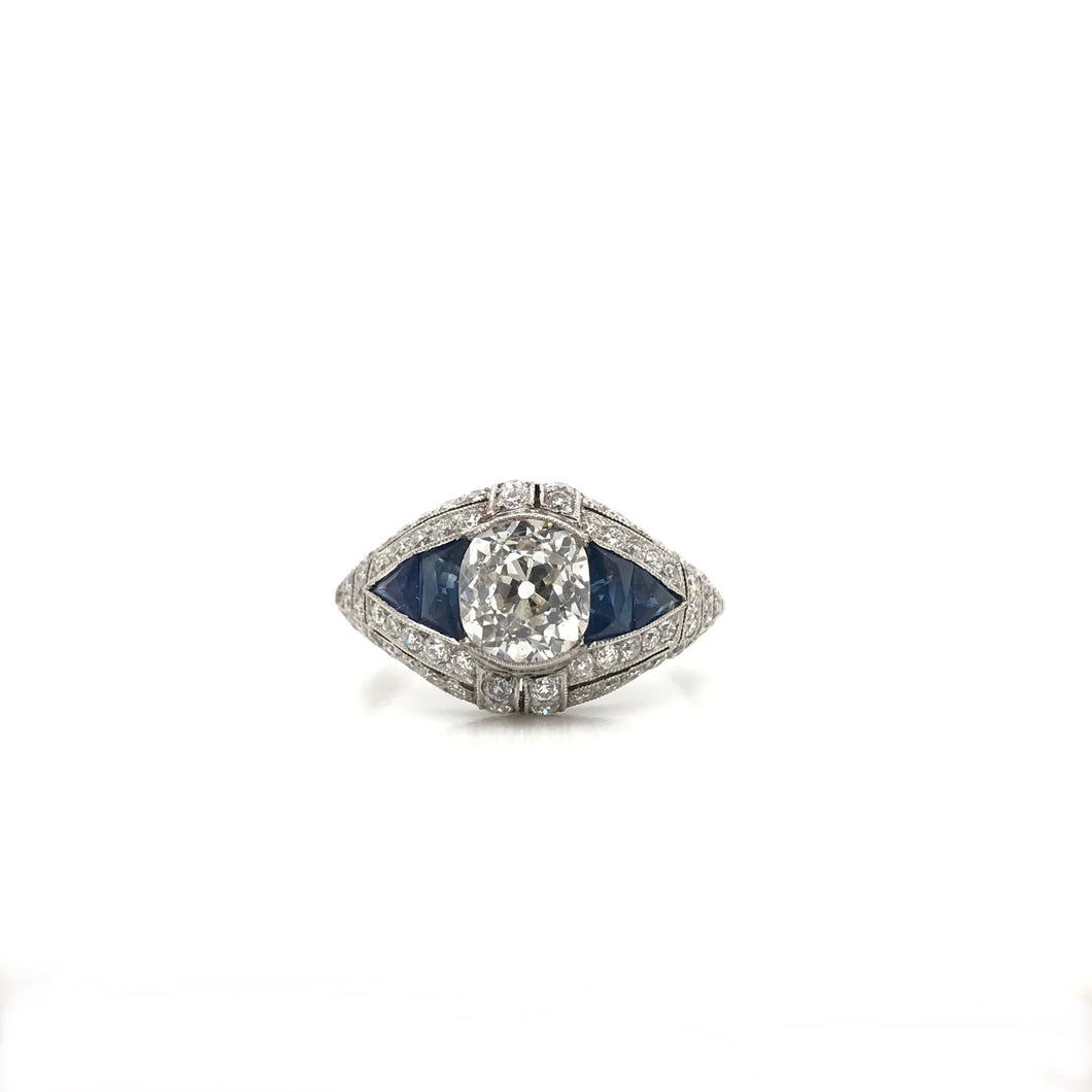 ART DECO STYLE DIAMOND AND SAPPHIRE RING FEATURING ANTIQUE 1.50 CARAT OLD MINE CUT DIAMOND