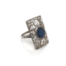 ART DECO 3 CARAT SAPPHIRE AND DIAMOND PLATINUM FILIGREE RING