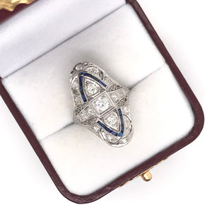 ANTIQUE ART DECO DIAMOND AND SAPPHIRE FILIGREE DINNER RING